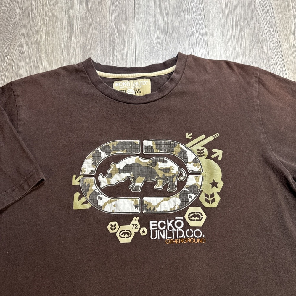 VINTAGE Y2K Ecko Unltd Brown Camo Rhino Logo Classic T Shirt Size XXL 2XL Rare!
